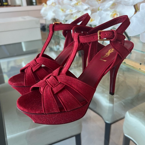 NIB Saint Laurent Tribute 75 Sandal Quartz Lipstick Red Size 37 US 7 - Picture 3 of 10